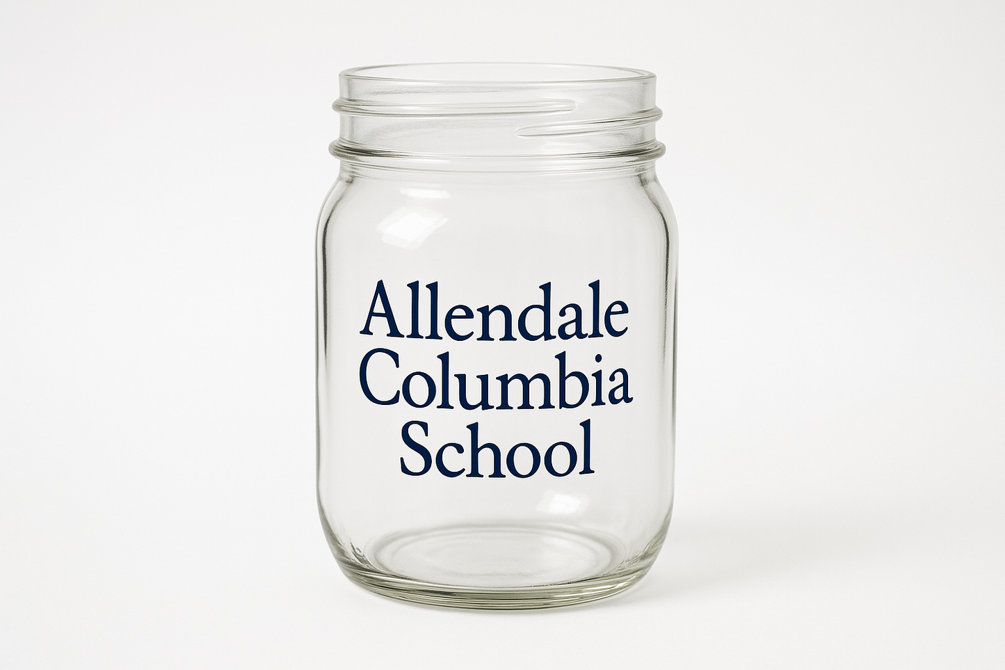 mason jar with no lid, that says "Allendale Columbia School" in Navy Blue lettering