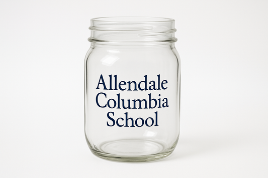 mason jar with no lid, that says "Allendale Columbia School" in Navy Blue lettering