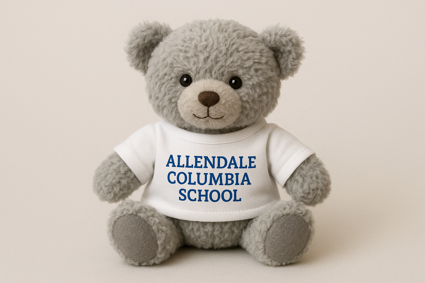 small gray teddy bear wearing a white t-shirt that says "Allendale Columbia School" in blue lettering