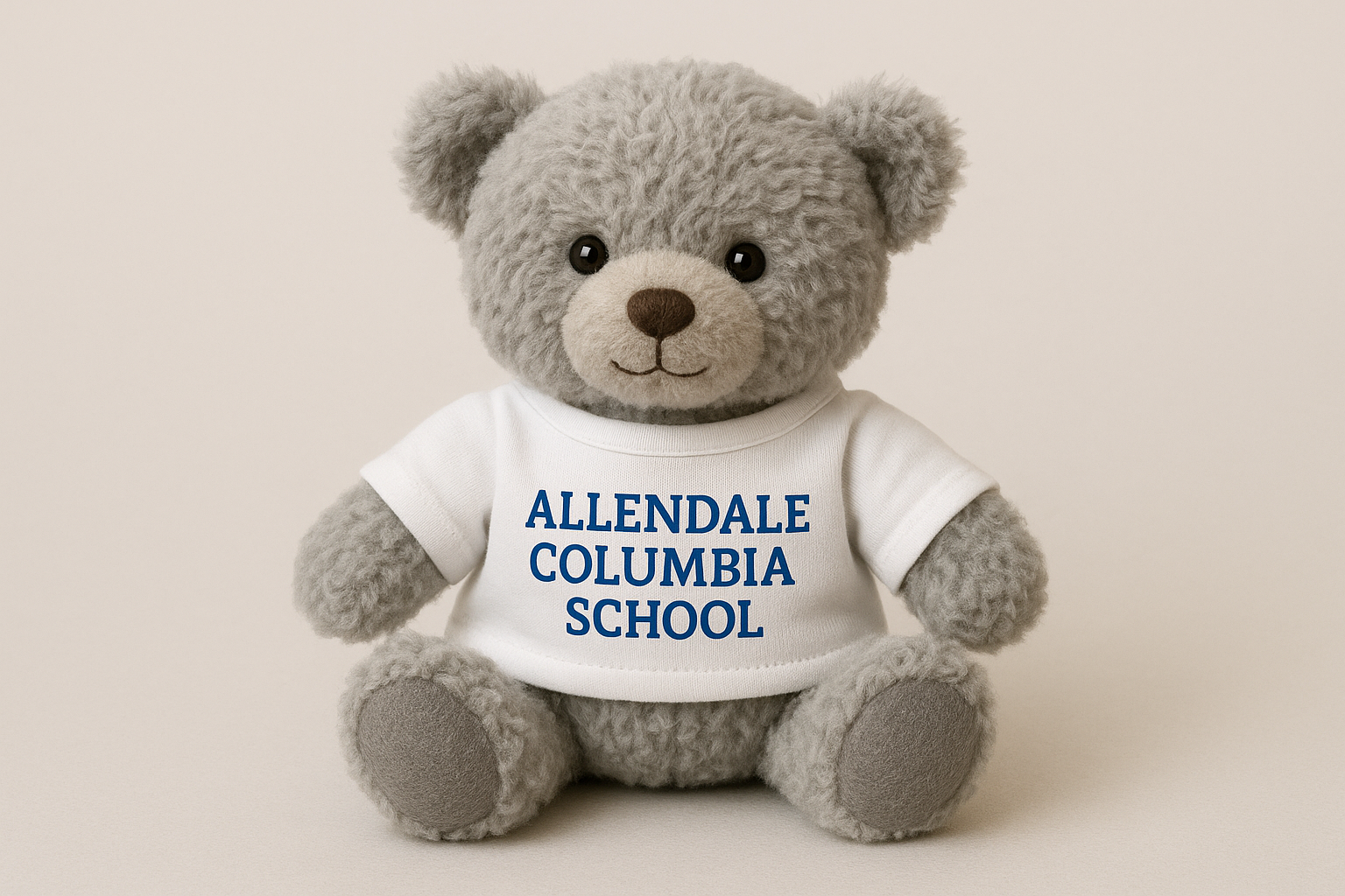 small gray teddy bear wearing a white t-shirt that says "Allendale Columbia School" in blue lettering